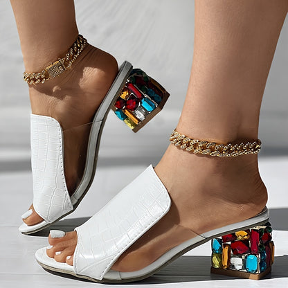 Women Open Toe Block Heel Sandals Rhinestone Embroidered Slip-on Shoes Comfortable for Summer Daily Life 