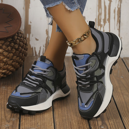 Women Casual Colorblock Sneakers, Lace Up Platform Soft Sole Walking Shoes, Low Top Versatile Skate Shoes 