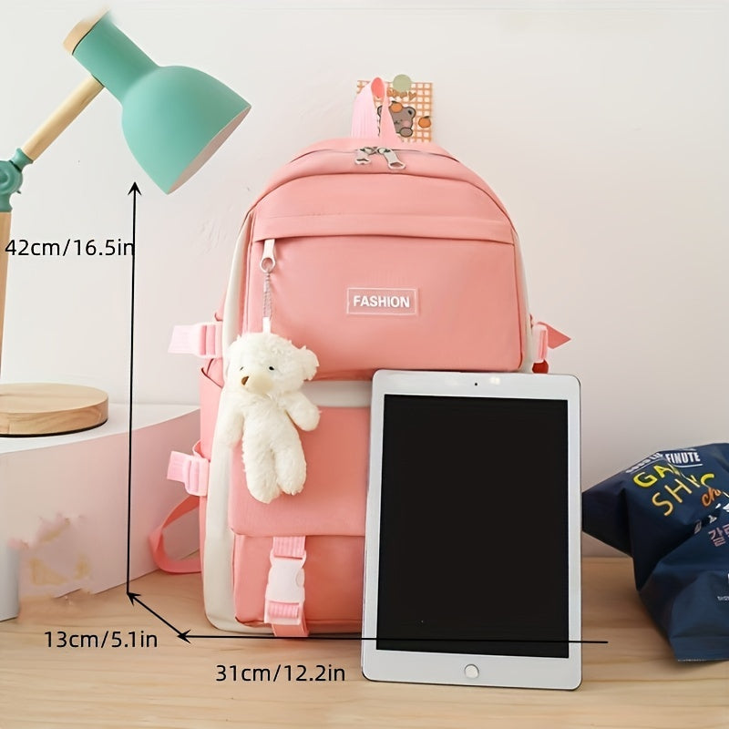 5pcs Ensemble De Sacs D'école Mignons Avec Poupée Ours En Peluche Et Badge, Porte-monnaie, Trousse À Crayons, Sac À Main, Sac À Bandoulière Pour Filles Et Garçons Adolescents, Sac À Dos De Voyage, Sac D'école