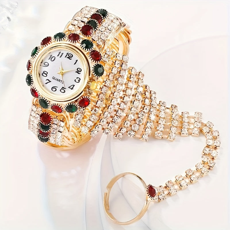 Elegant round rhinestone quartz watch, zinc alloy strap, zinc alloy hands, zinc alloy case. Luxury gift for Valentine's Day, Easter, Ramadan, Eid al-Adha. 