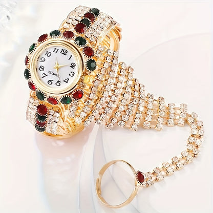 Elegant round rhinestone quartz watch, zinc alloy strap, zinc alloy hands, zinc alloy case. Luxury gift for Valentine's Day, Easter, Ramadan, Eid al-Adha. 