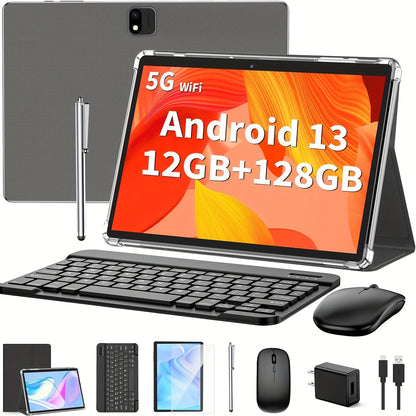 Tablette Android avec clavier, tablette Android 13, 12 Go + 128 Go, extension 1 To, tablette 2 en 1, tablette 10 pouces avec étui, souris, stylet, batterie 8000 mAh, 2.4 G/5 G WiFi, tablette PC