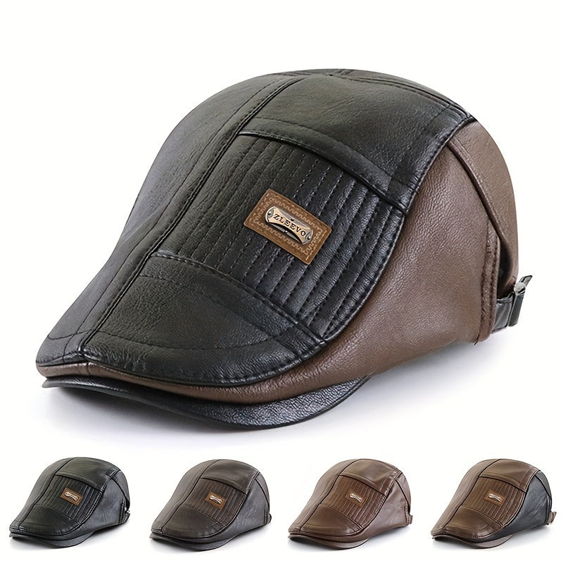 1pc Casquette Duckbill en similicuir, casquette plate à chevrons pour hommes d'âge moyen, choix idéal pour les cadeaux