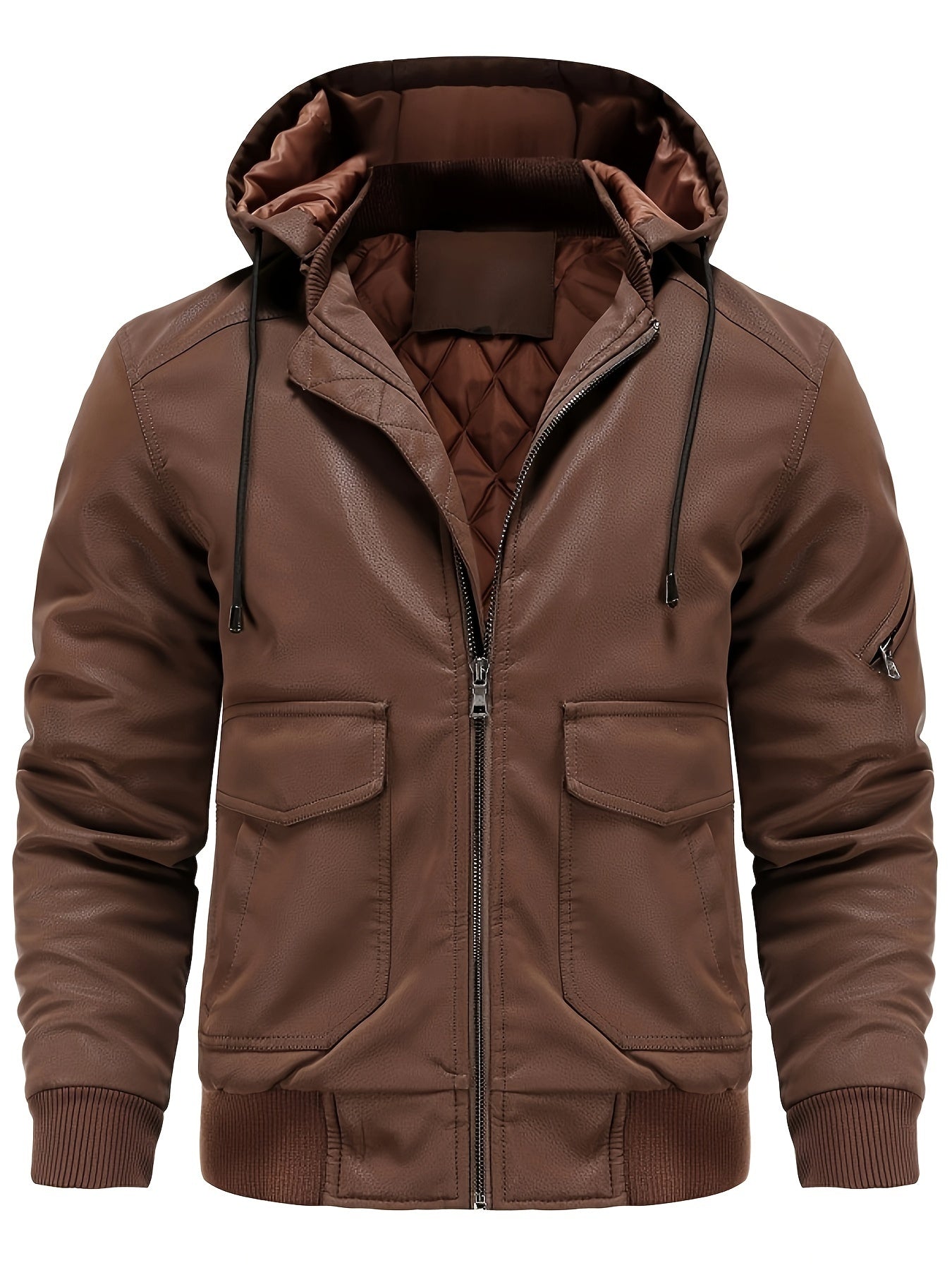 Blouson À Capuche En Cuir Pu Pour Hommes, Veste Bombardier Chaude Imperméable Et Coupe-vent Pour L'automne Et L'hiver