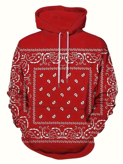 Sweat À Capuche Rétro Imprimé Bandana, Sweats À Capuche Cool Pour Hommes, Sweat-shirt À Capuche Décontracté Au Design Graphique Pour Hommes Avec Poche Kangourou, Streetwear Pour L'hiver Et L'automne, Comme Cadeaux