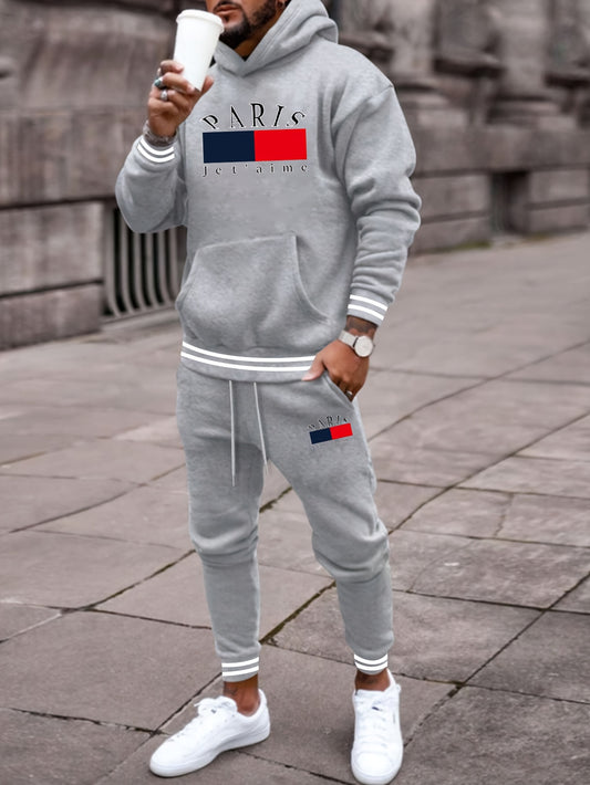 Ensemble De Tenue De Sport 2 Pièces Imprimé PARIS Pour Hommes, Sweat-shirt À Capuche Avec Poche Kangourou Et Pantalon De Survêtement À Cordon De Serrage, Printemps-automne