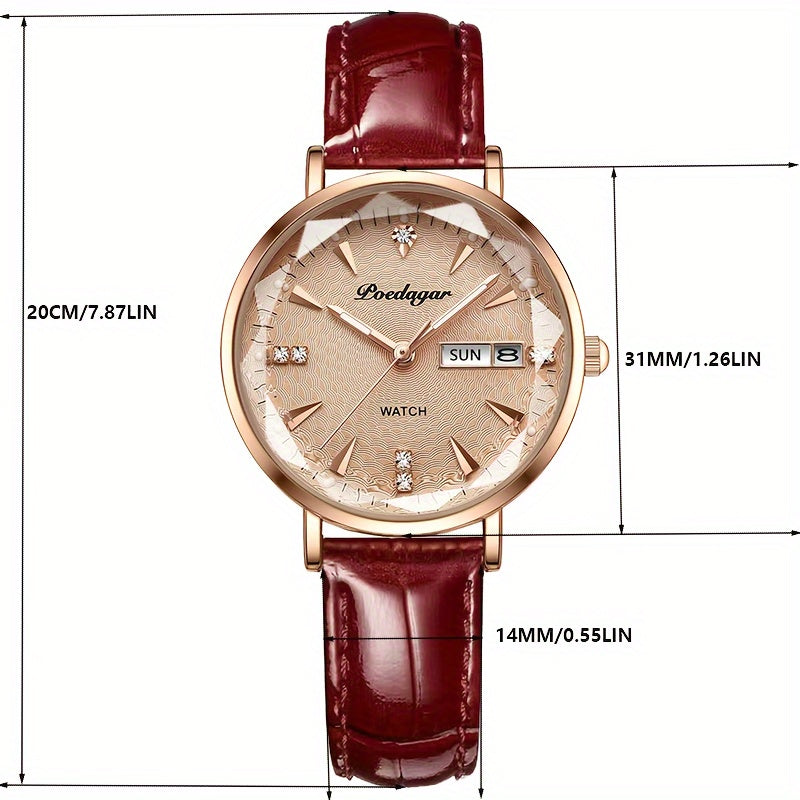 POEDAGAR Women Watch Luxury Quartz Watch with Rhinestone Vintage Fashion Analog Calendar PU Leather Strap 