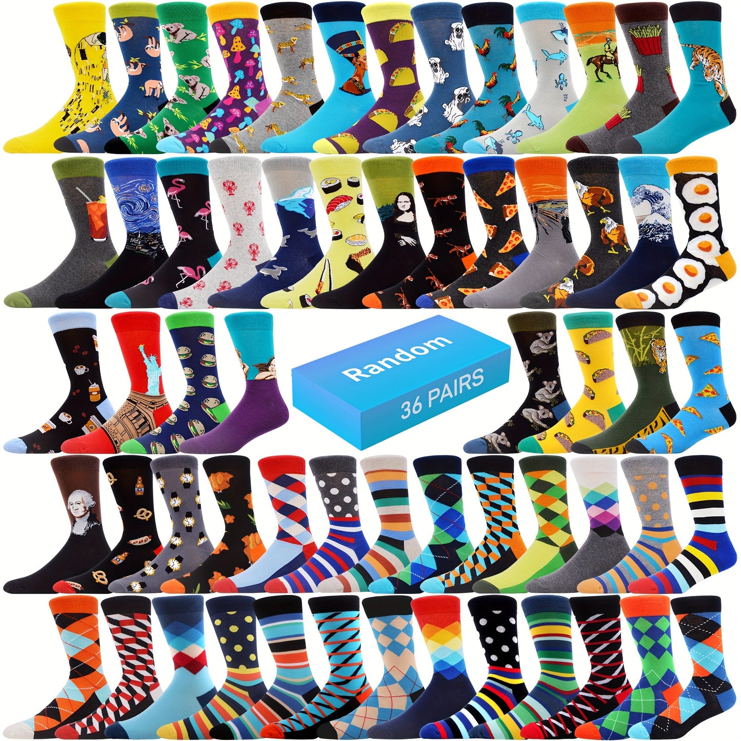 36 Pairs Funny Colorful Men's Cotton Socks, Random Patterns (US Size 7.5-12)