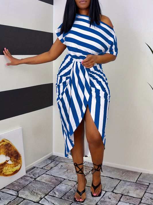 Striped Off Shoulder Dress, Asymmetrical Short Sleeve Casual Dress, Women's Clothing 