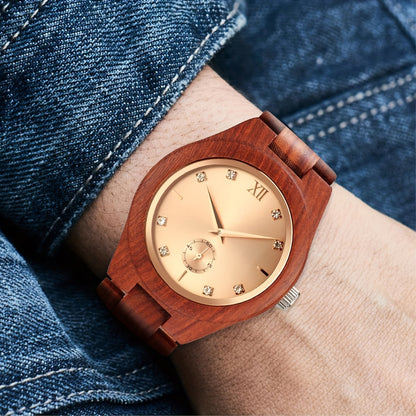 Luxury Women Quartz Watch Analog Display Wood Band Wooden Case Leather Clasp 