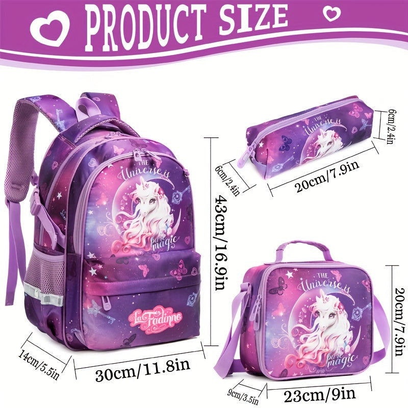 Ensemble de sac à dos d'école licorne 3 pièces, sac à dos de dessin animé avec sac à lunch isotherme et étui à crayons