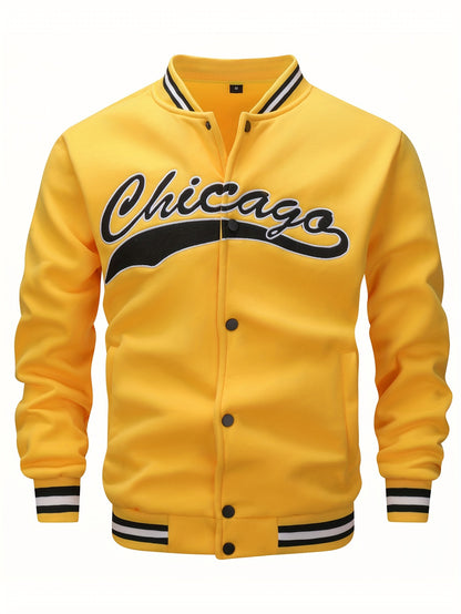 Veste de baseball brodée à la calligraphie pour hommes "CHICAGO", manteau décontracté et élégant à manches longues avec boutons, vêtements d'extérieur