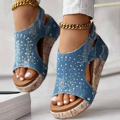 Women Rhinestone Sandals, Soft Sole Denim Platform Shoes with Ankle Buckle, Comfortable Wedge Shoes for Vacation 