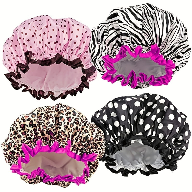 4pcs Bonnet De Douche Imperméable En Soie Imprimé Léopard, Bonnets De Douche Pour Femmes, Bonnet De Bain Élastique Réutilisable Bonnets De Bain Respectueux De L'environnement Pour Hommes Et Femmes Soins Quotidiens