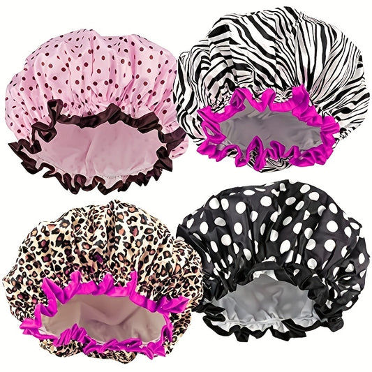 4pcs Leopard Print Silk Waterproof Shower Cap, Women Shower Caps, Reusable Elastic Bathing Cap Eco-Friendly Bath Caps for Men and Women Daily Care 