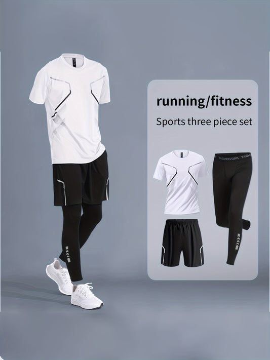 Ensemble 3 pièces de vêtements de sport pour hommes - Tenue de course et de fitness à séchage rapide, équipement de sport en polyester pour l'extérieur et l'entraînement avec pantalon à cordon de serrage et leggings de compression