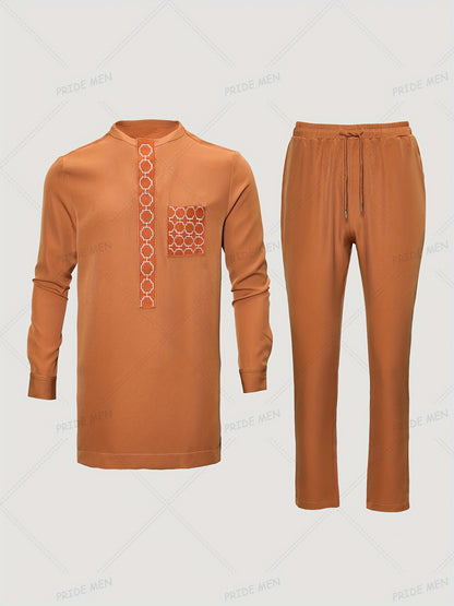 Ensemble 2 Pcs De Tenue Pour Hommes, Chemise Boutonnée À Manches Longues Et Col Rond À Carreaux Et Pantalon À Cordon, Dashiki Pour Les Activités Culturelles En Afrique