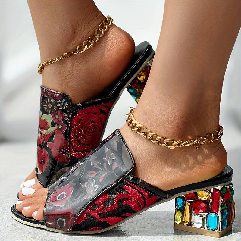 Women Open Toe Block Heel Sandals Rhinestone Embroidered Slip-on Shoes Comfortable for Summer Daily Life 