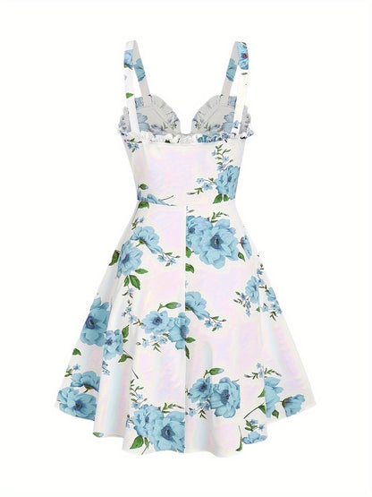 Floral Print Tank Dress with Ruffle Trim, Elegant Button Front Ruched A-Line Dress for Spring Summer, Women's Clothing. 