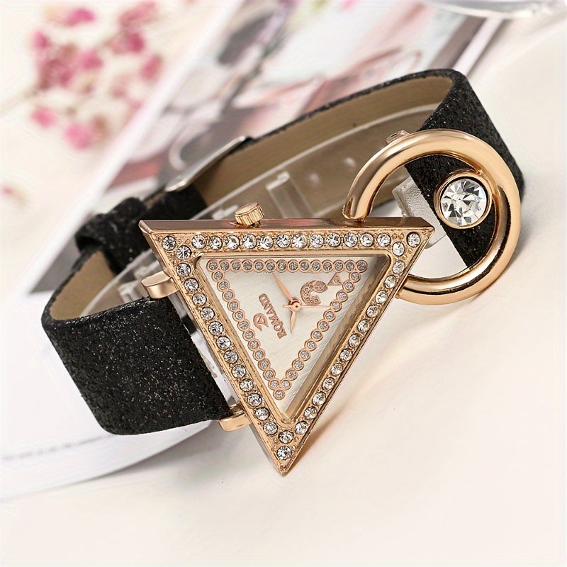 Triangle Rhinestone Quartz Watches with Faux Leather Strap, Alloy Hands and Alloy Dial, Gifts for Women.