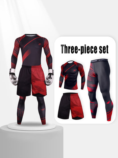 Ensemble de sport de compression 3 pièces pour hommes, tenue de fitness respirante et agréable pour la peau, style décontracté, haut à manches longues + short + pantalon pour la gym, le vélo et la pêche.