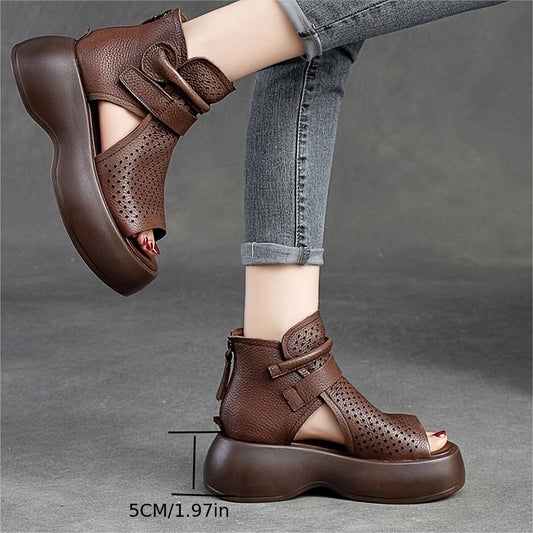 Women's Stylish Solid Color Sandals, Back Zipper Soft Sole Platform Walking Shoes, Breathable Vacation Shoes. 