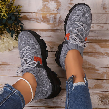 Baskets légères à motif losanges pour femmes, épaisses et à semelles épaisses, lacets respirants, chaussures de course en maille décontractées