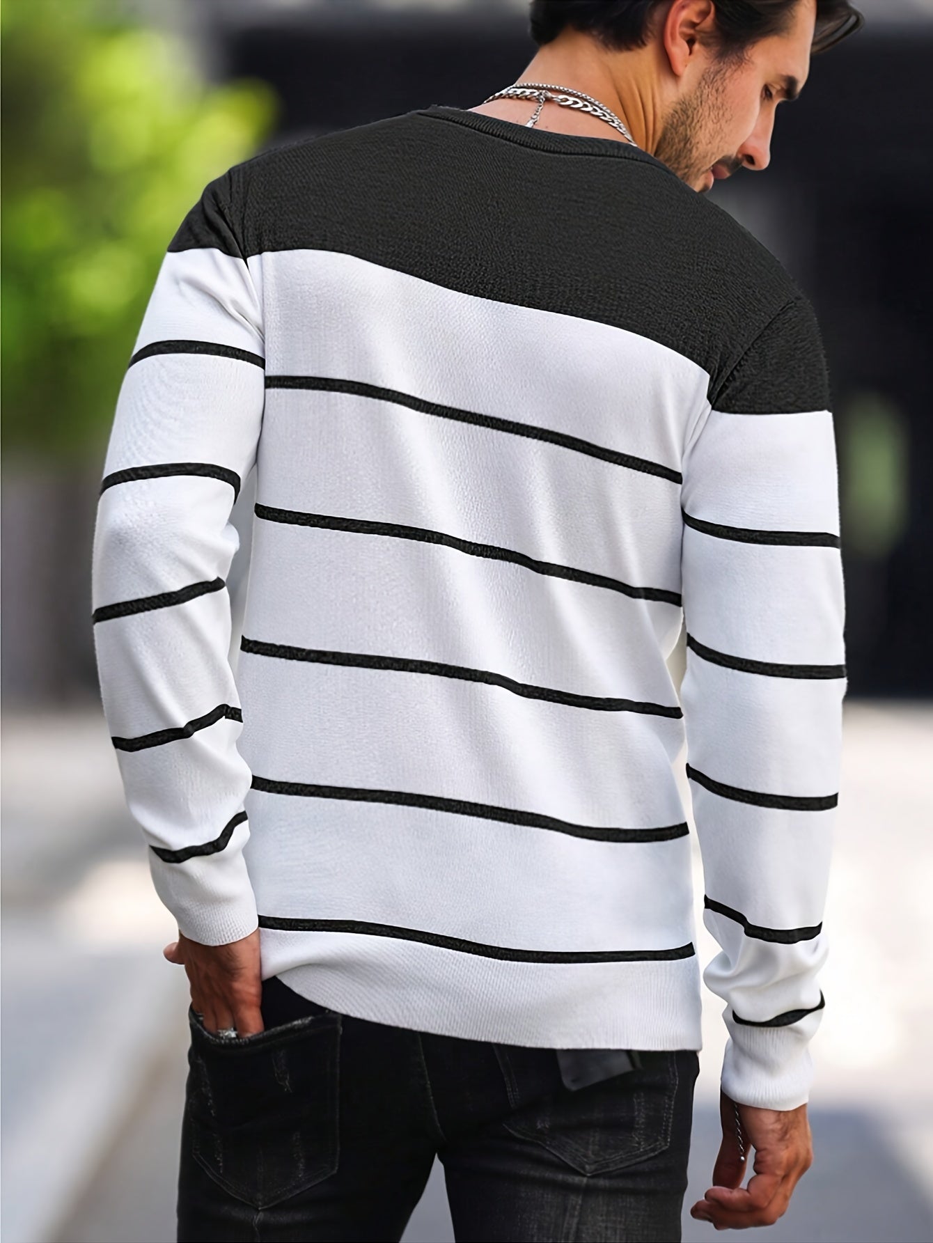 2024 New Men's Striped Knitted Sweater Round Neck Warm Top for Men