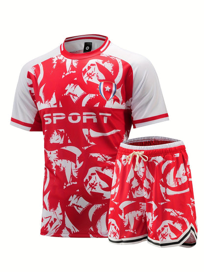 Ensemble de football pour homme, maillot de football à manches courtes avec imprimé graphique géométrique assorti et short à rayures avec cordon de serrage actif, 2 pièces pour l'entraînement et la compétition de football