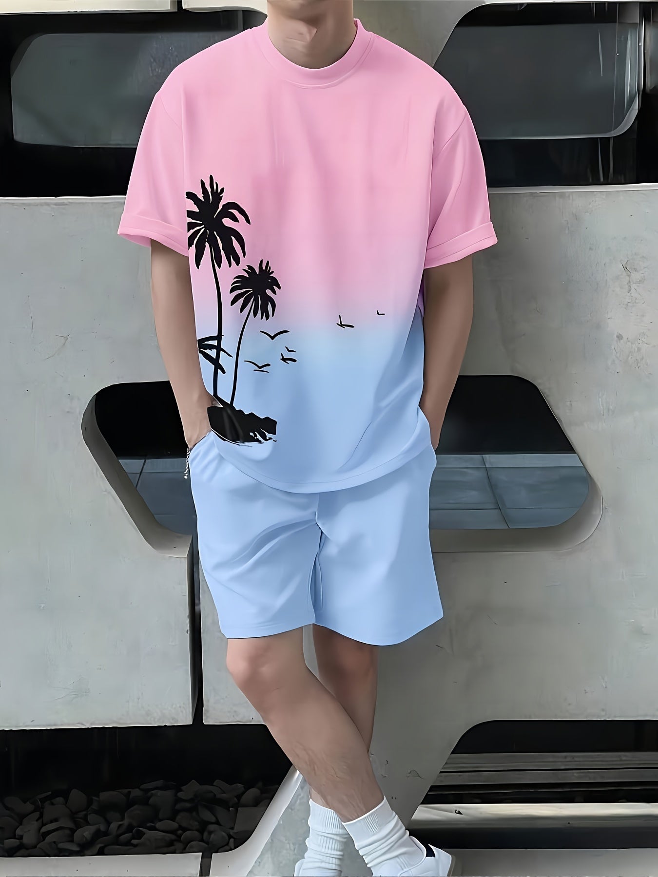 Ensemble 2 pièces dégradé d'été, T-shirt imprimé graphique de cocotiers et short pour hommes