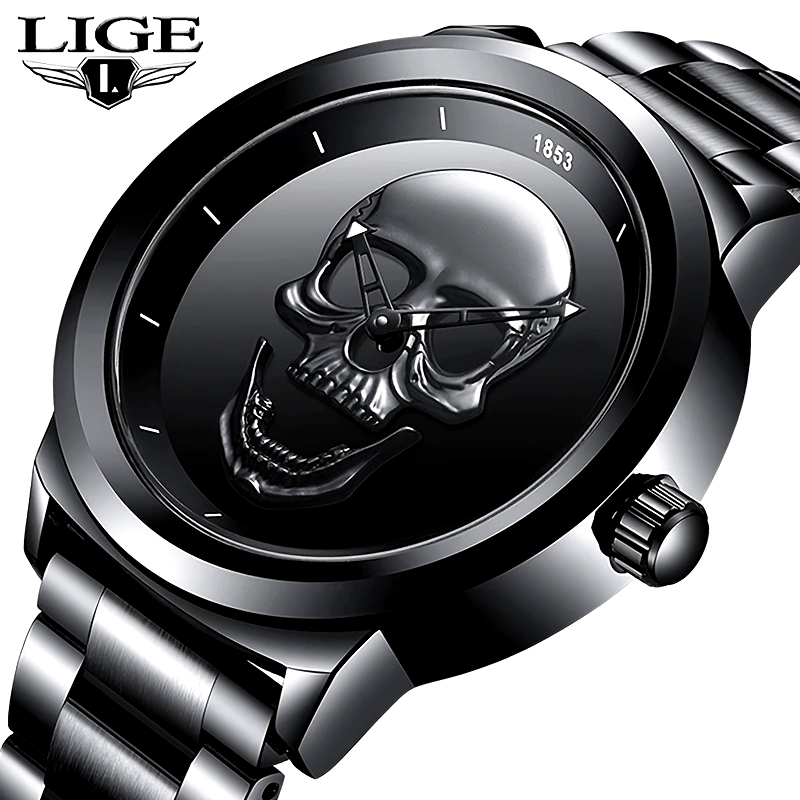 LIGE Montre À Quartz Pour Homme En Acier Inoxydable Avec Crâne 3D, Horloge Créative Étanche À La Mode, Choix Idéal Pour Les Cadeaux