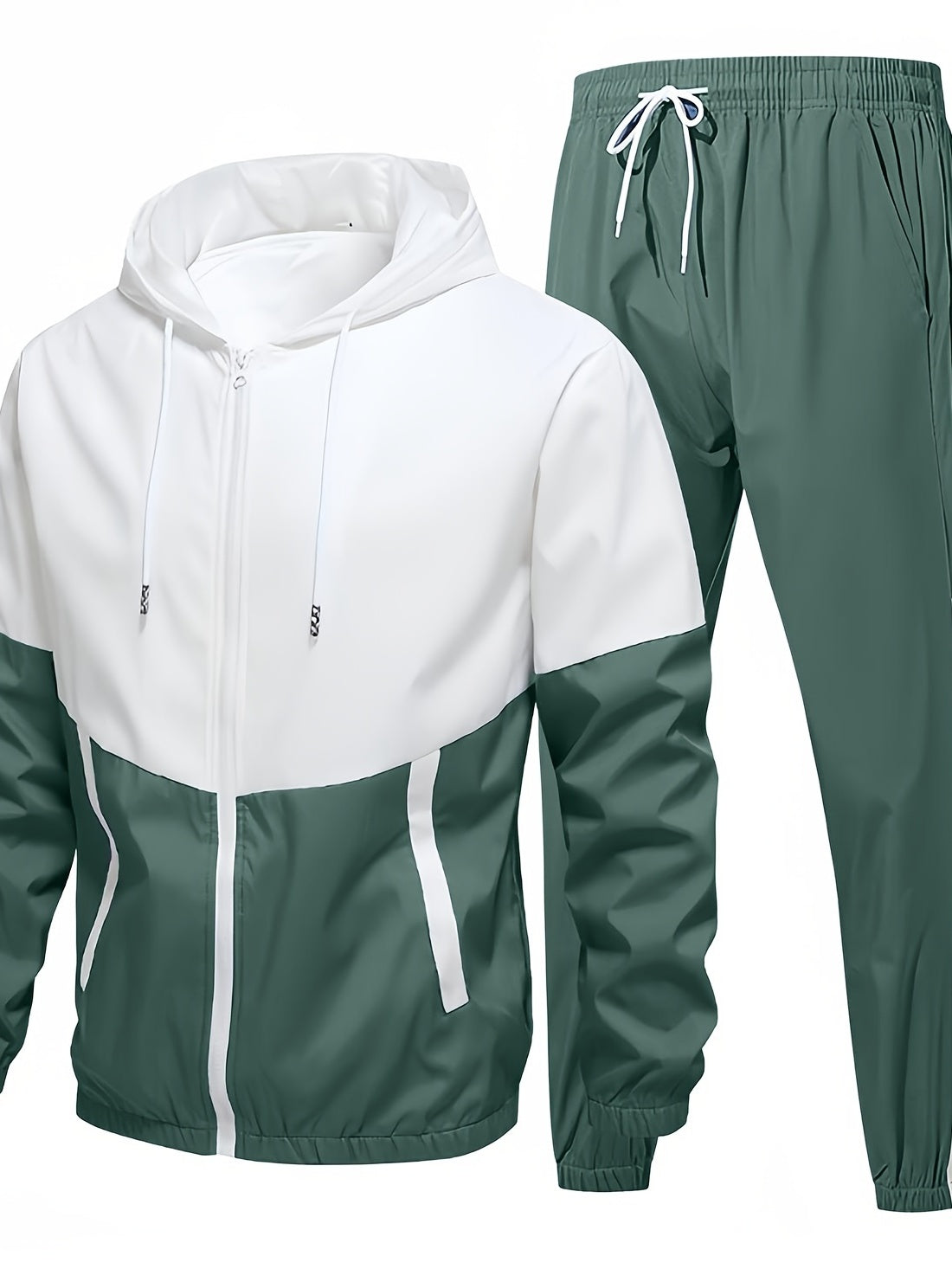 Ensemble de sport 2 pièces pour hommes, veste à capuche de couleur contrastée et pantalon de sport uni, ensemble décontracté et tendance pour l'extérieur et les vêtements de sport