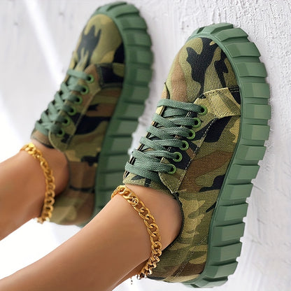 Chaussures En Toile Camouflage Pour Femmes, Baskets Basses Décontractées À Bout Rond À Lacets, Chaussures De Marche Confortables