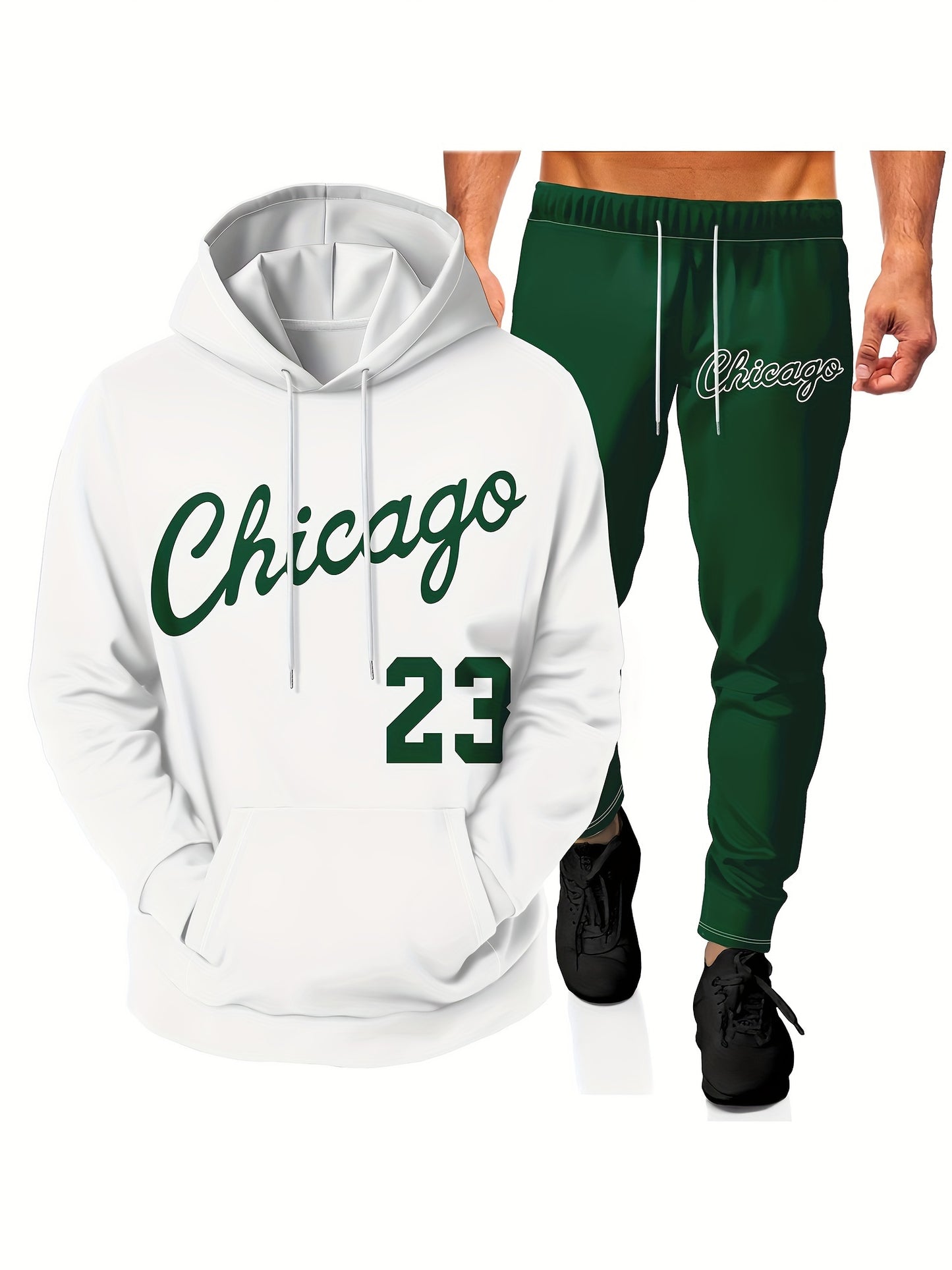 Ensemble de survêtement de sport 2 pièces pour homme "CHICAGO #23" avec imprimé alphabet, sweat à capuche décontracté à manches longues avec cordon de serrage et pantalon de jogging pour la gym, la course à pied