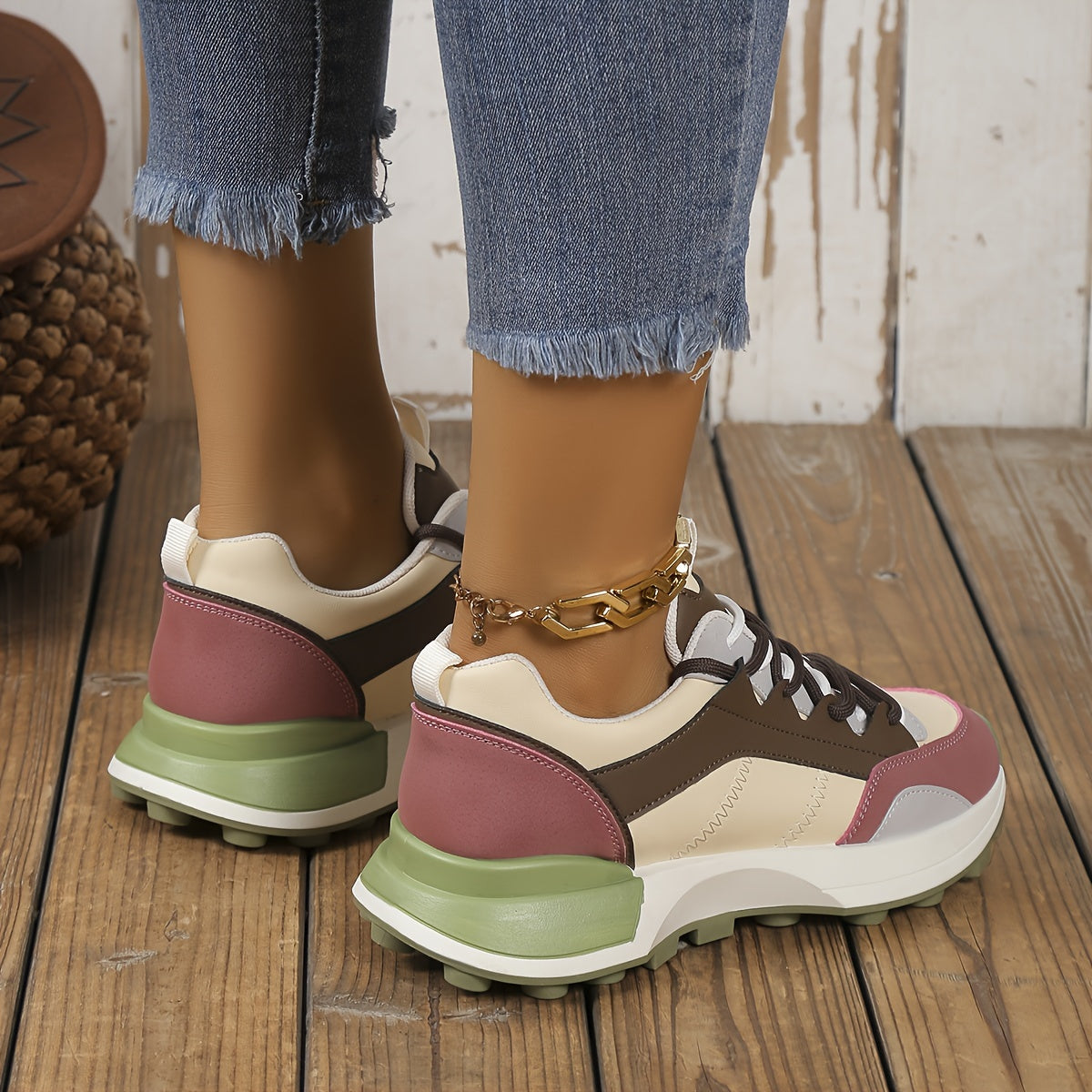 Women Casual Colorblock Sneakers, Lace Up Platform Soft Sole Walking Shoes, Low Top Versatile Sports Sneakers 