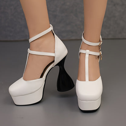 Women's Elegant Solid Color Sandals Hollow Out Platform Buckle Ankle Strap Chunky Heels Round Toe Formal Shoes. 