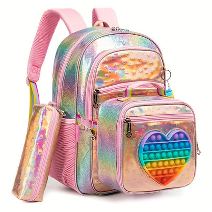 Ensemble Sac à Dos Arc-en-Ciel : Sac à Dos Double Épaules 16,5", Sac à Déjeuner et Pochette en Cuir - Parfait pour l'École ou les Voyages - Fabriqué en Polyester Durable