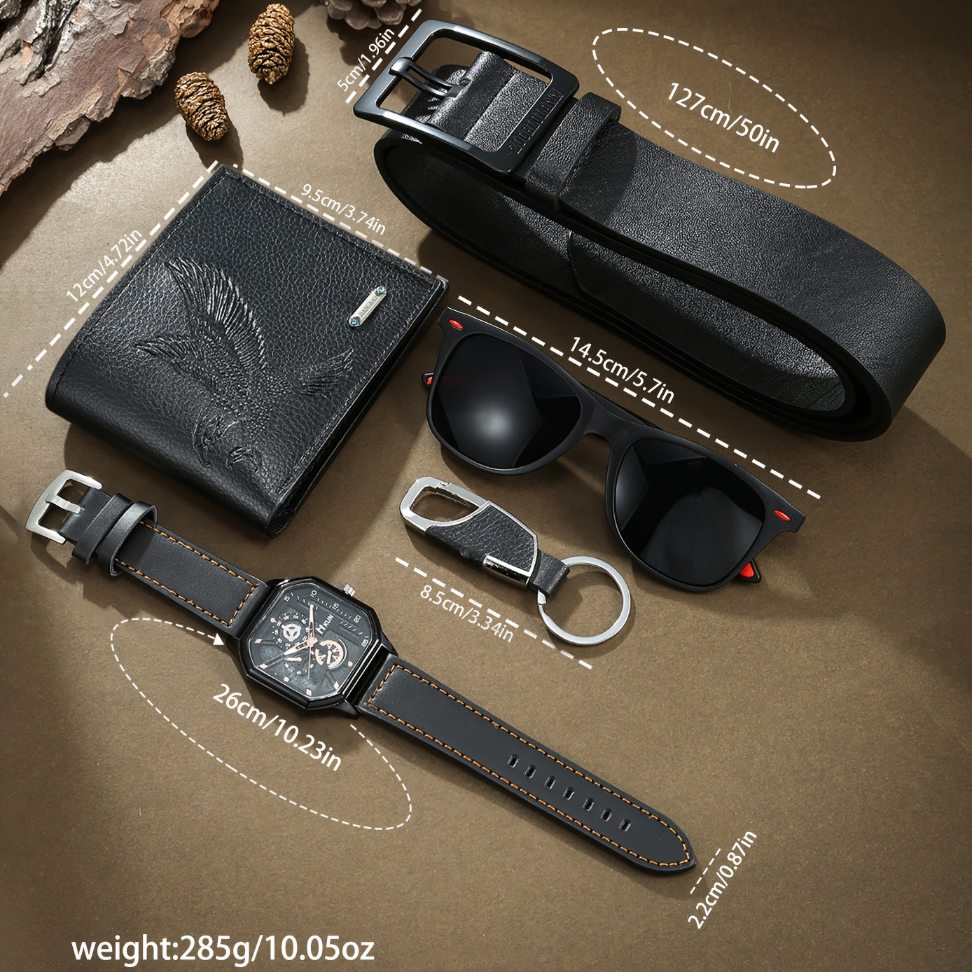 5pcs/set, Men's Wristwatch, Glasses, Wallet, Key Chain and Belt Set 