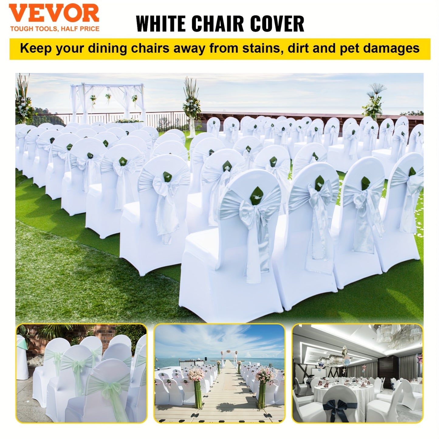 150 housses de chaise blanches en polyester Spandex pour chaises, idéales pour les mariages, les fêtes, les banquets et les repas de famille.