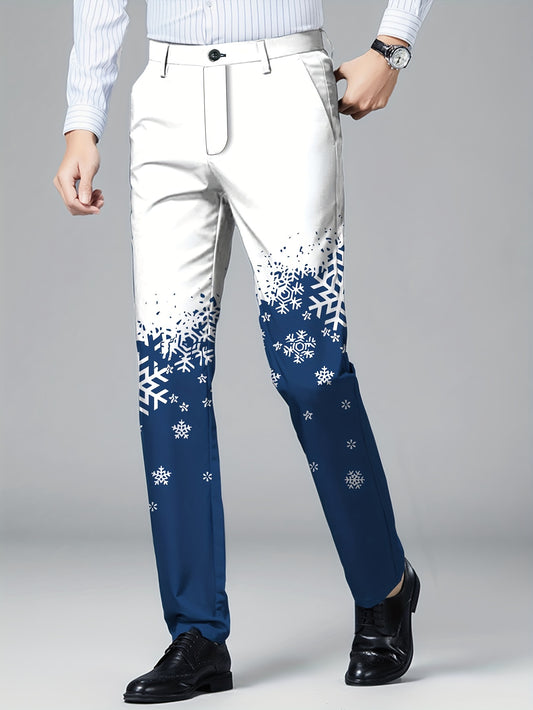 Pantalon de costume pour homme avec imprimé flocon de neige et poches, pantalon habillé pour fête, mariage, extérieur