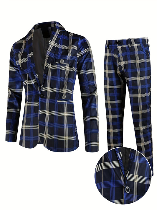 Costume deux pièces pour homme à motif écossais, blazer à revers crantés et pantalon de ville, costume décontracté et tendance pour les fêtes et les tenues décontractées.