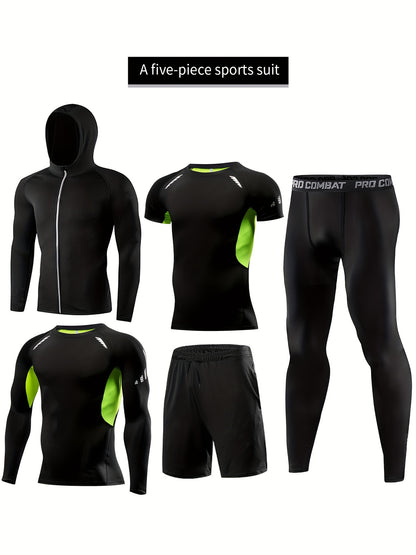 Ensemble 5 pièces Xinso Prince, Veste À Capuche Et Fermeture Éclair, Tee-shirt De Compression, Short Et Haut D'entraînement À Manches Longues Et Legging Pour Fitness Pour Hommes