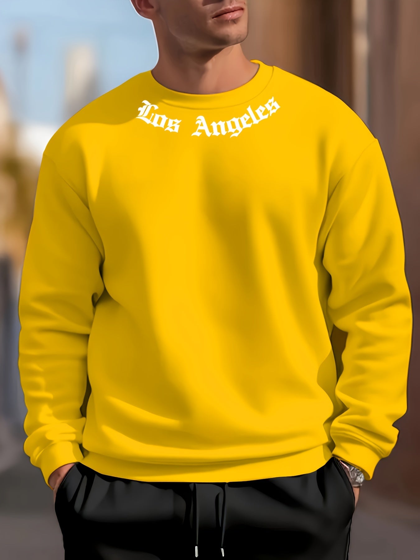 Los Angeles Letter Printed Men Long Sleeve Round Neck Sweatshirt, Pullover Sweatshirt, Casual Comfortable Versatile Top for Spring and Autumn, Outdoor Sports