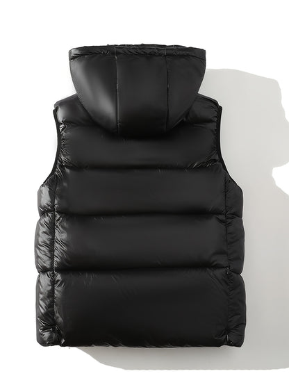 Men's Solid Color Sleeveless Puffer Coat with Pockets Casual Warm Zipper Vest for Winter Outdoor Activities 