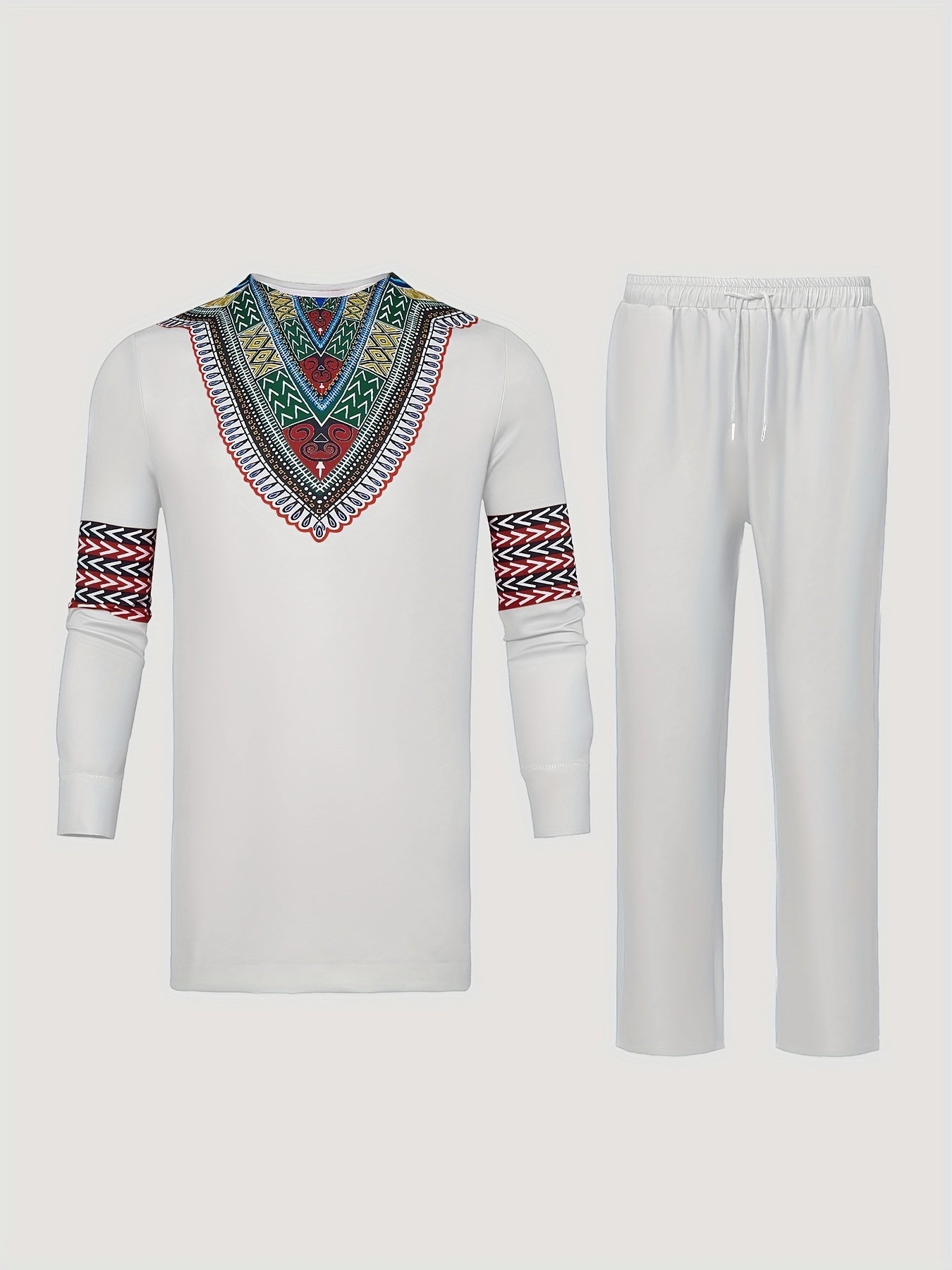 Ensemble 2 pièces pour homme, Robe à col rond à imprimé graphique ethnique et pantalon à cordon de serrage pour les activités culturelles du printemps, de l'été et de l'automne