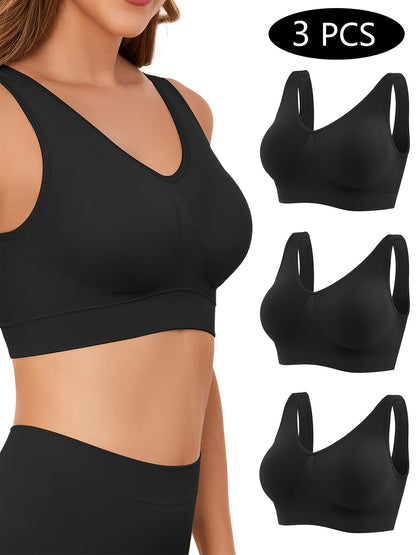 3 Pack Seamless Sports Bras for Women, Wireless Bras for Low Impact Athletic Activities, Comfortable Bras for Sleeping with Removable Pads 