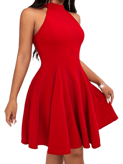 Halter Neck A-Line Dress Solid Color Sleeveless Elegant Slim Dress Women Clothing 