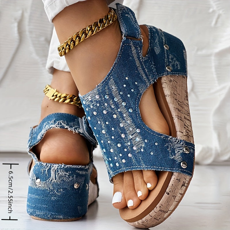 Women Rhinestone Sandals, Soft Sole Denim Platform Shoes with Ankle Buckle, Comfortable Wedge Shoes for Vacation 