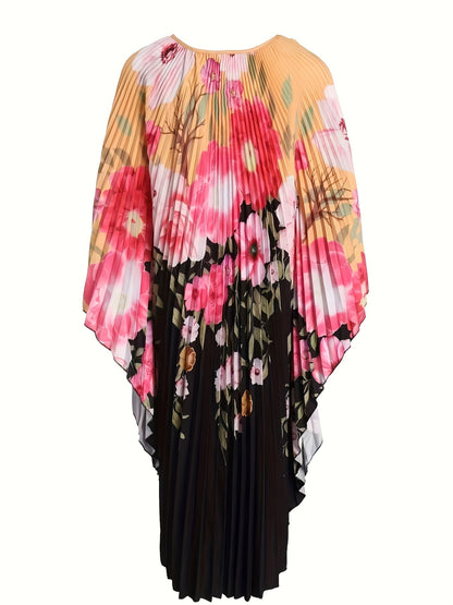 Plus Size Floral Pleated Dress Holiday Style Batwing Sleeve Round Neck for Spring Summer Plus Size Clothing for Women 