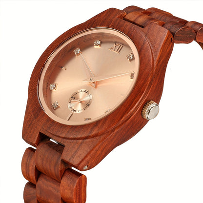 Luxury Women Quartz Watch Analog Display Wood Band Wooden Case Leather Clasp 